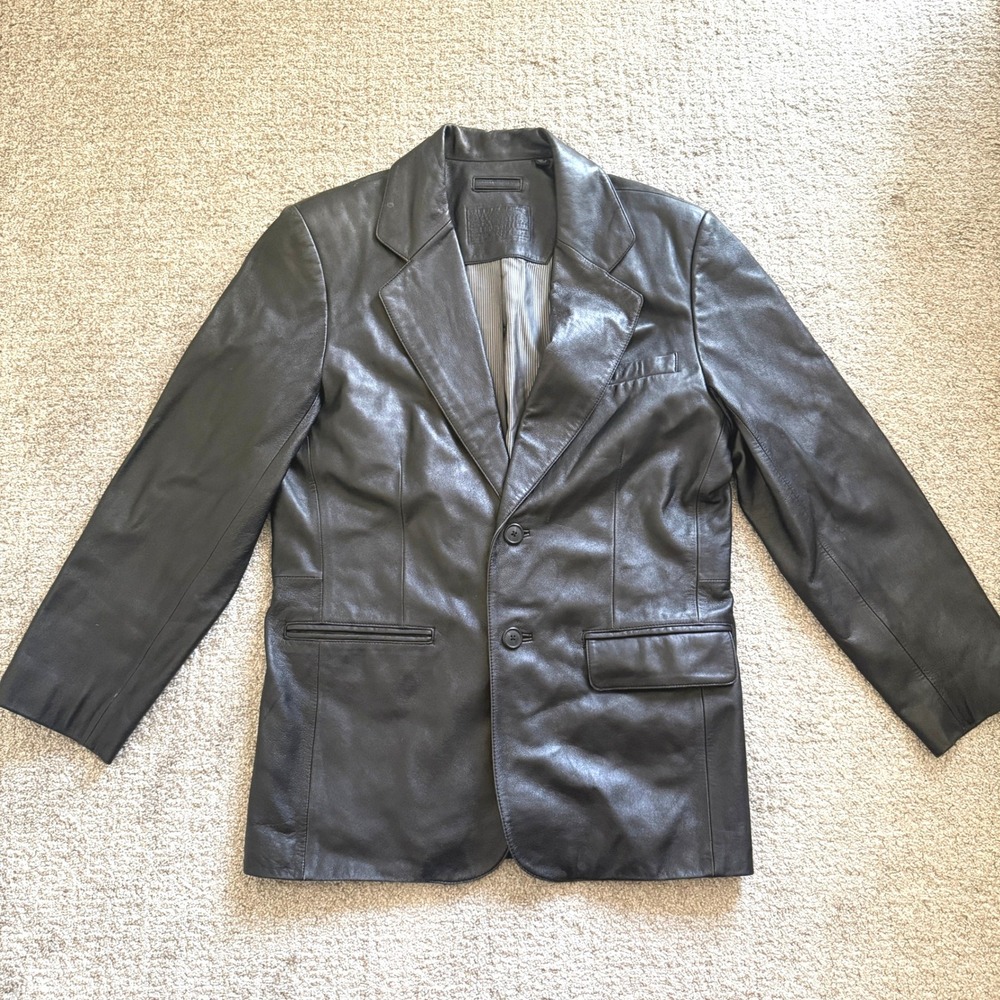 Roundtree Yorke Mens Black Genuine Lambskin Leather Blazer Jacket Medium Minimal
